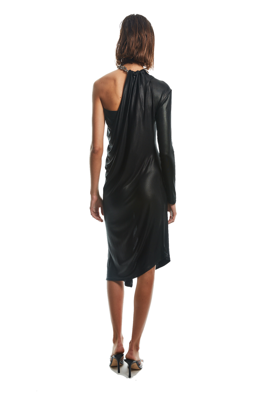 ONE SLEEVE DECONSTRUCT DRAPE DRESS W/METAL CHAIN