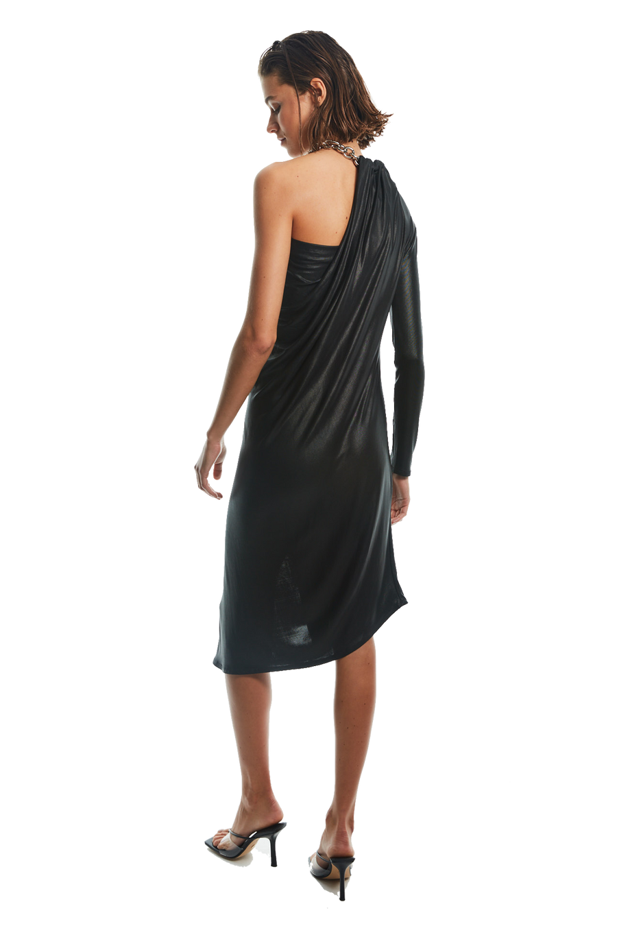 ONE SLEEVE DECONSTRUCT DRAPE DRESS W/METAL CHAIN