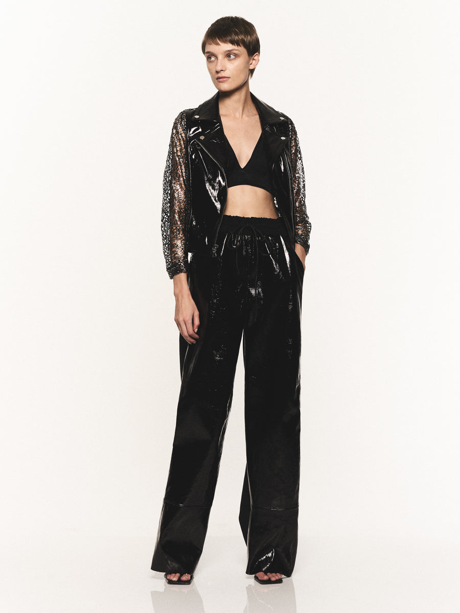 PATENT LEATHER PANTS WITH MESH PANEL